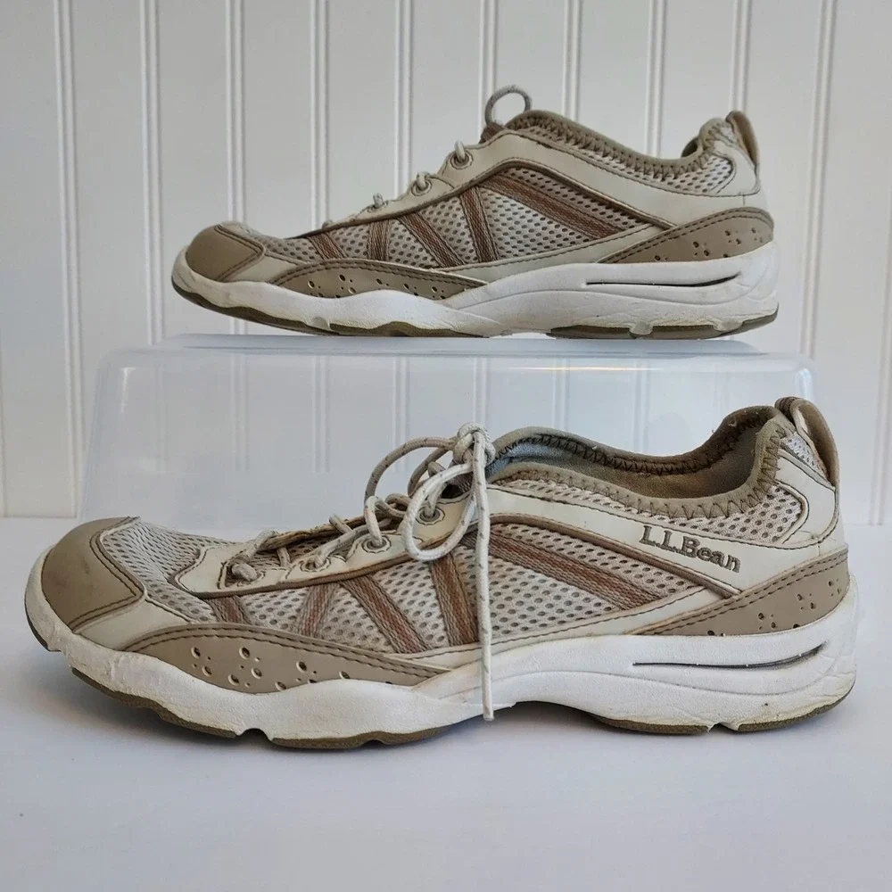 LLBean‎ Womens Athletic Shoes Tan Cream Mesh Lace Up Low Top Sneakers Size 8